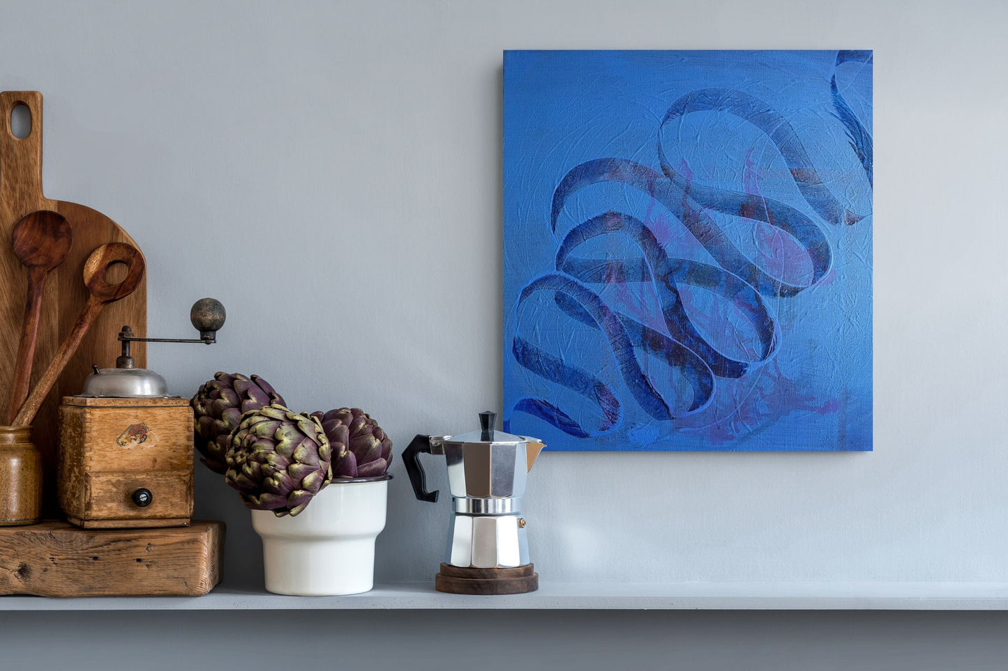Blue ribbons 2 - original painting with digital layer -  Augumented art